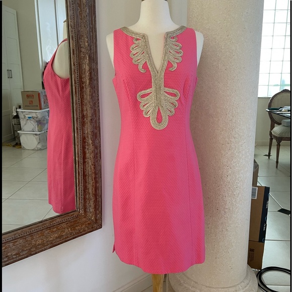 NWT Lilly Pulitzer Janice Shift Dress Hotty Pink Gold Embroidered Size 6 - Picture 3 of 8